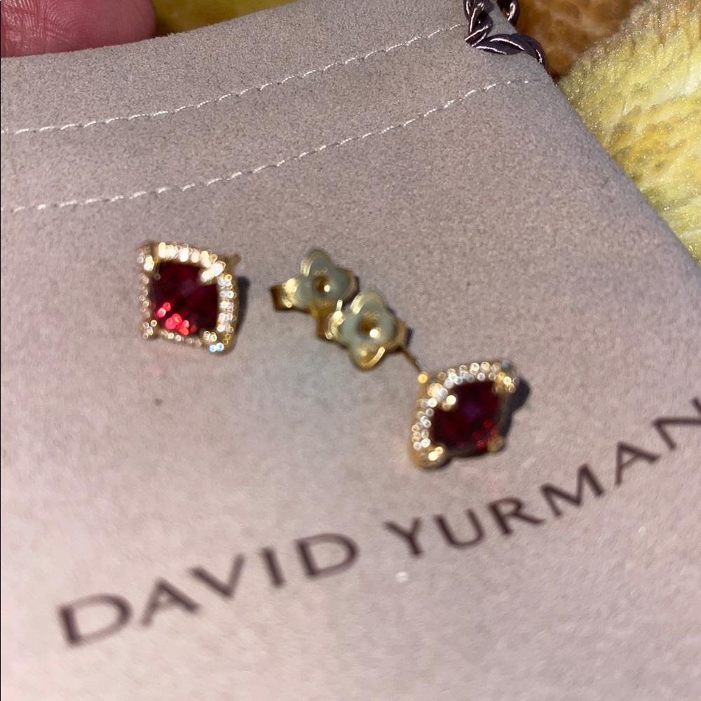 David Yurman Garnet Cushion Halo Stud Earrings in Yellow Gold